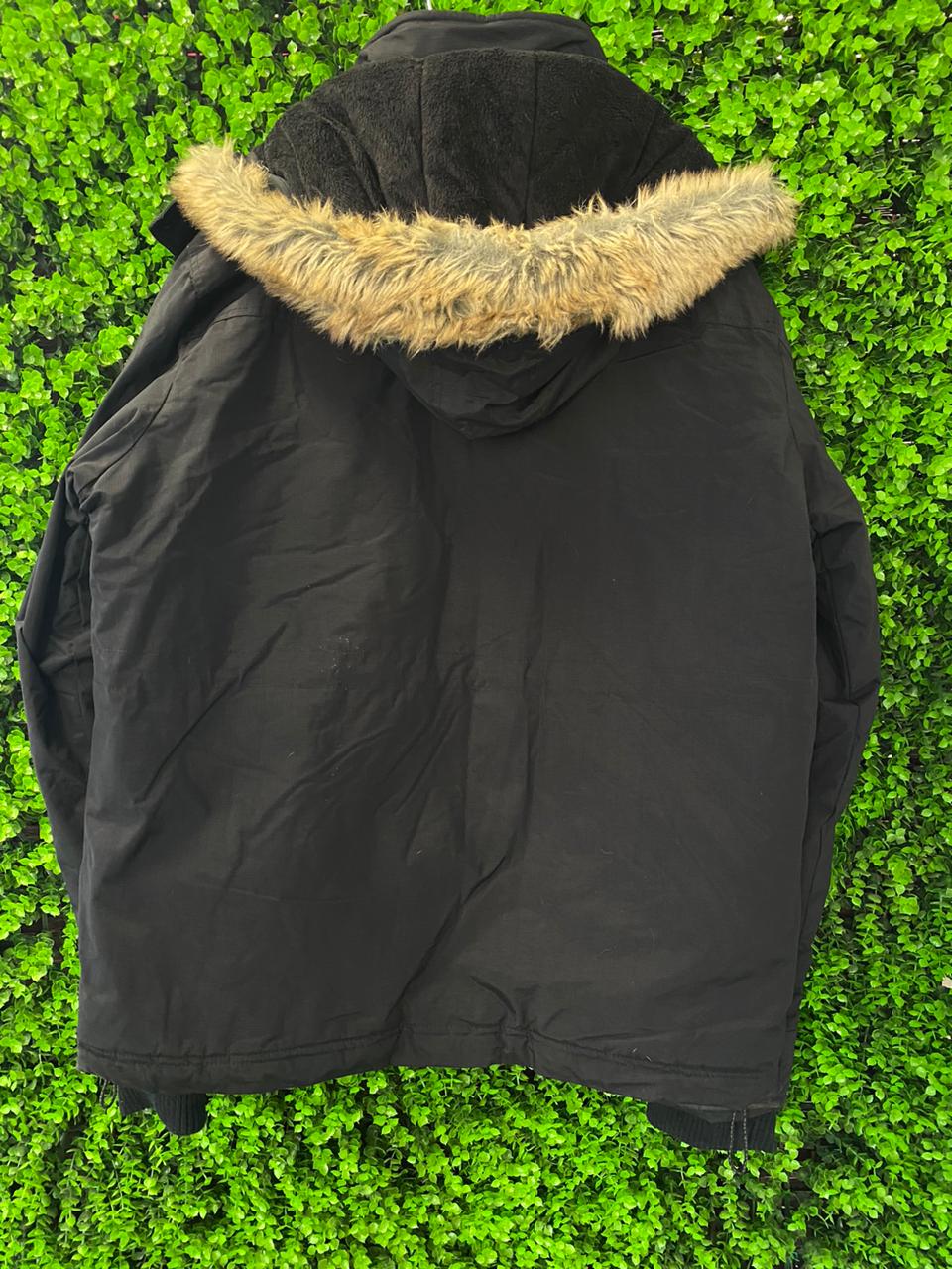 Black Utility Parka Jacket with Faux Fur Trim Hood