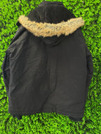 Black Utility Parka Jacket with Faux Fur Trim Hood