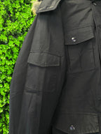 Black Utility Parka Jacket with Faux Fur Trim Hood