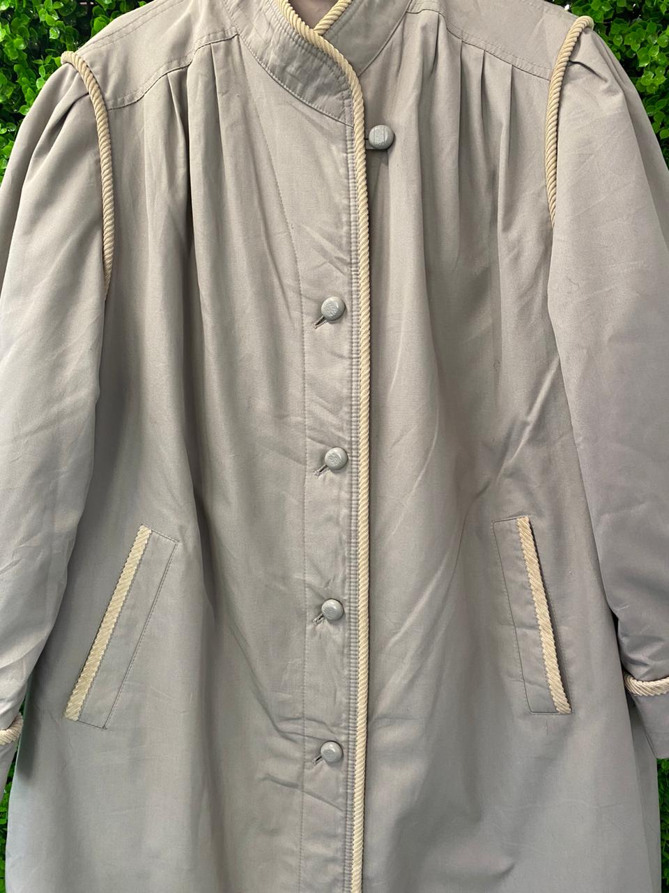 Vintage-Inspired Grey A-Line Coat with Rope Trim