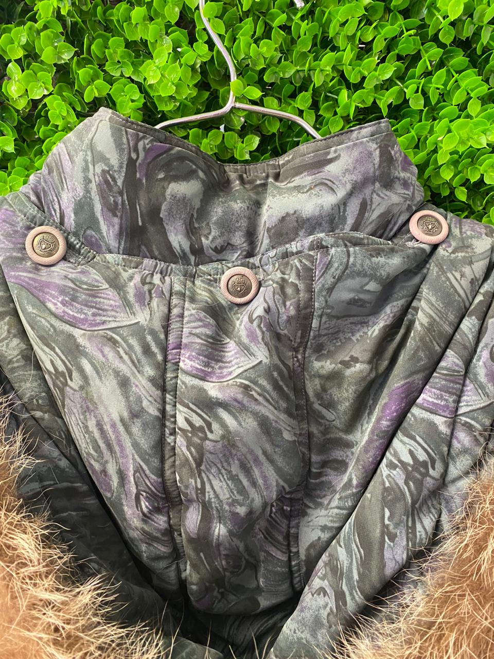 Marble Print Hooded Puffer Jacket with Faux Fur Trim