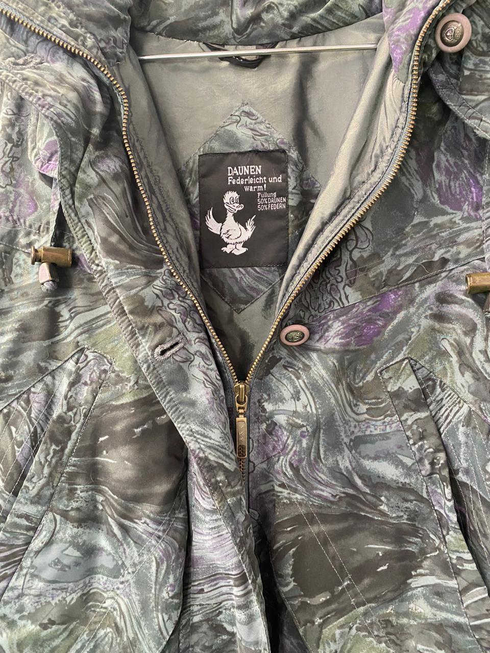Marble Print Hooded Puffer Jacket with Faux Fur Trim