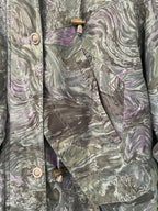 Marble Print Hooded Puffer Jacket with Faux Fur Trim