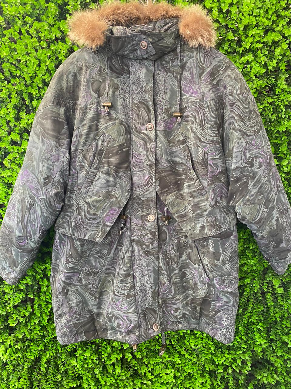 Marble Print Hooded Puffer Jacket with Faux Fur Trim