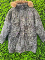 Marble Print Hooded Puffer Jacket with Faux Fur Trim