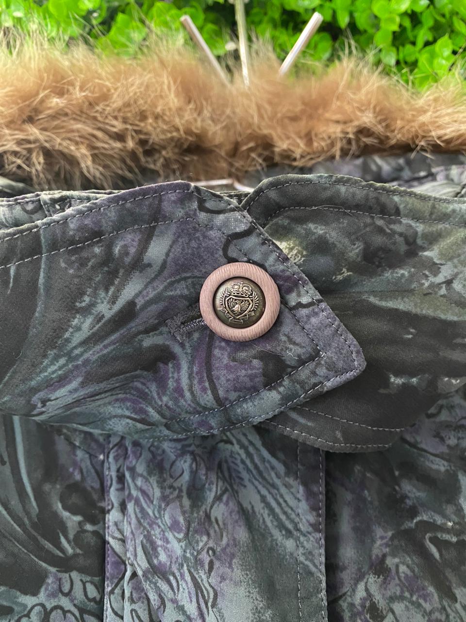 Marble Print Hooded Puffer Jacket with Faux Fur Trim
