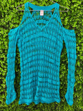 Turquoise Open-Knit Cold-Shoulder Top