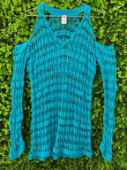 Turquoise Open-Knit Cold-Shoulder Top