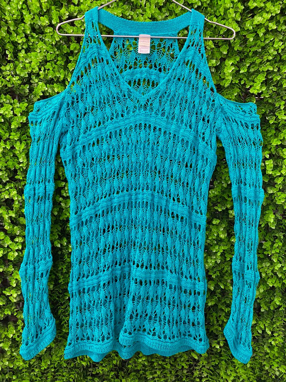 Turquoise Open-Knit Cold-Shoulder Top