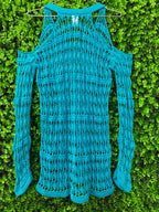 Turquoise Open-Knit Cold-Shoulder Top