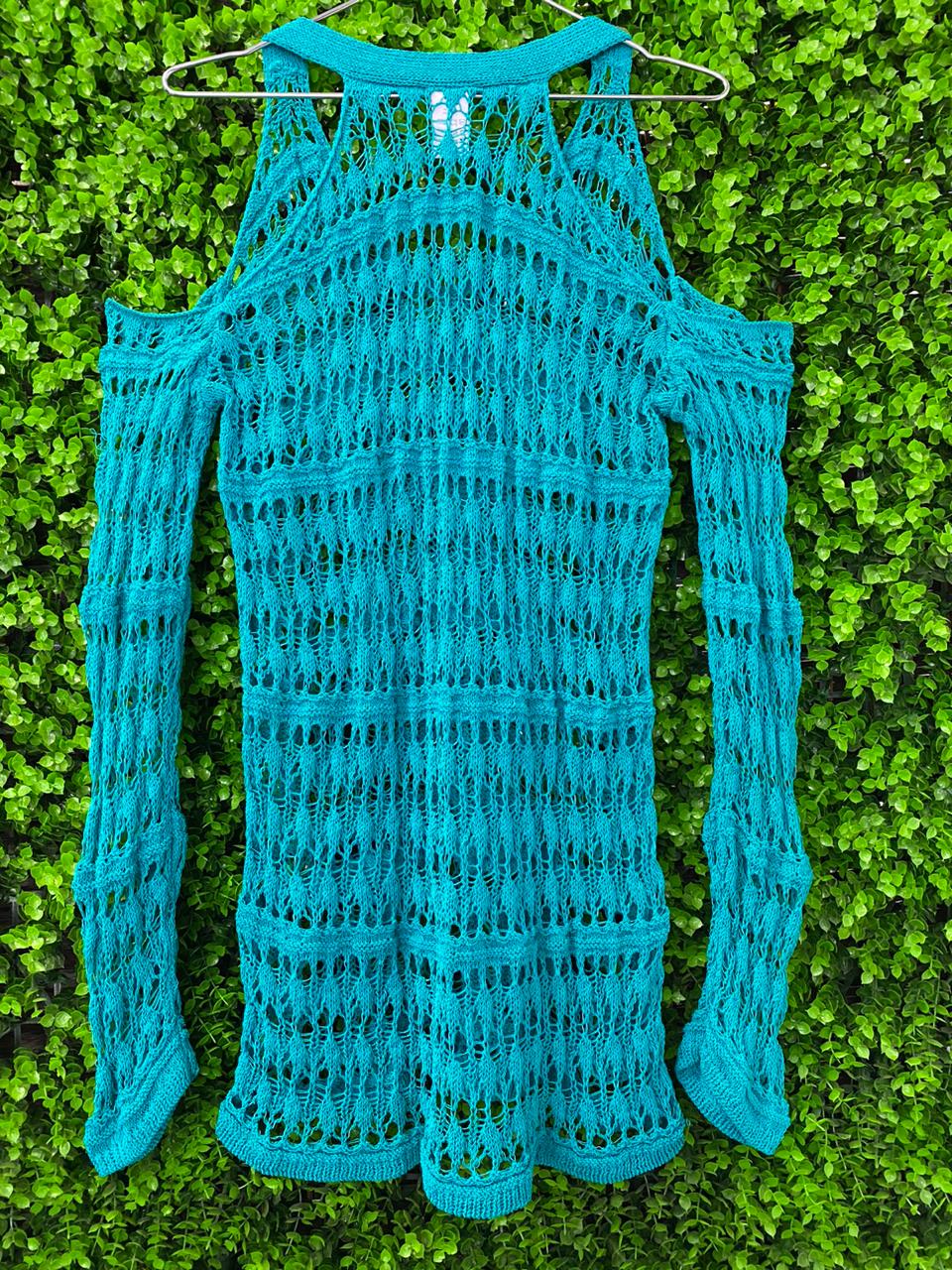 Turquoise Open-Knit Cold-Shoulder Top