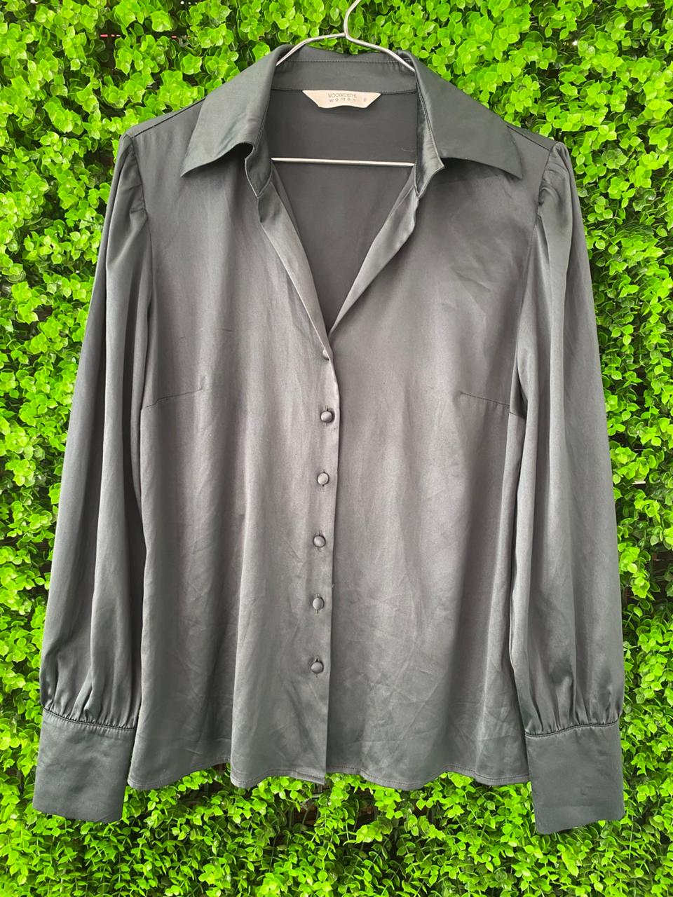 Charcoal Satin Button-Up Blouse