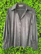 Charcoal Satin Button-Up Blouse