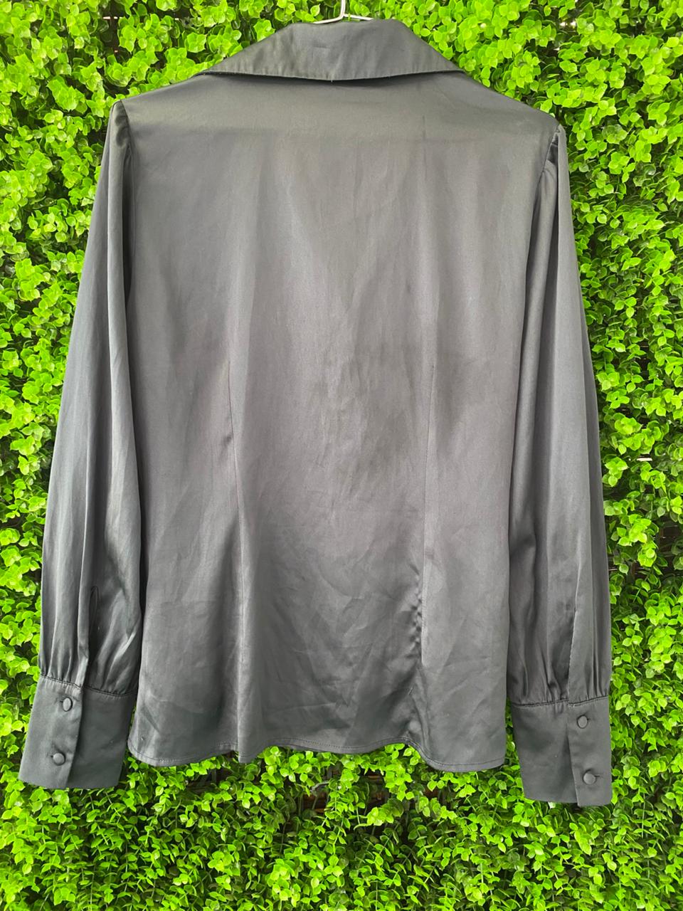 Charcoal Satin Button-Up Blouse