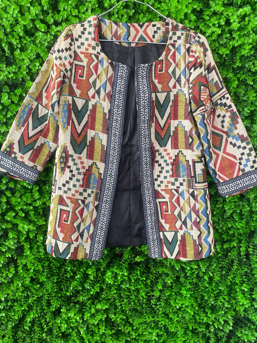 Aztec Print Open-Front Cropped Jacket