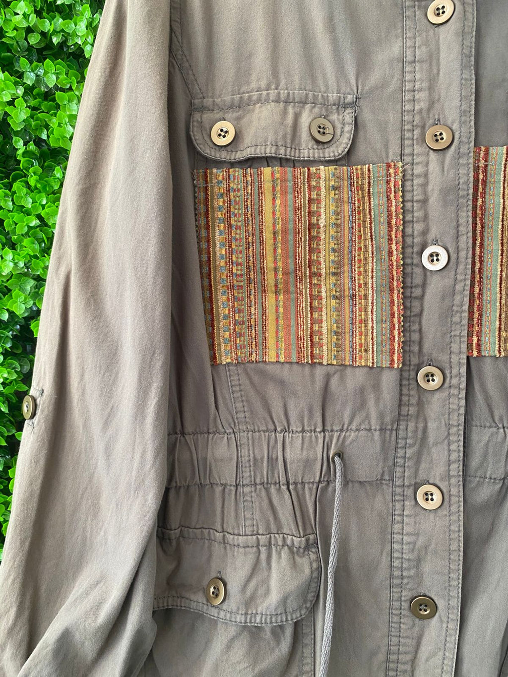 Khaki Utility Jacket with Woven Panel Detail