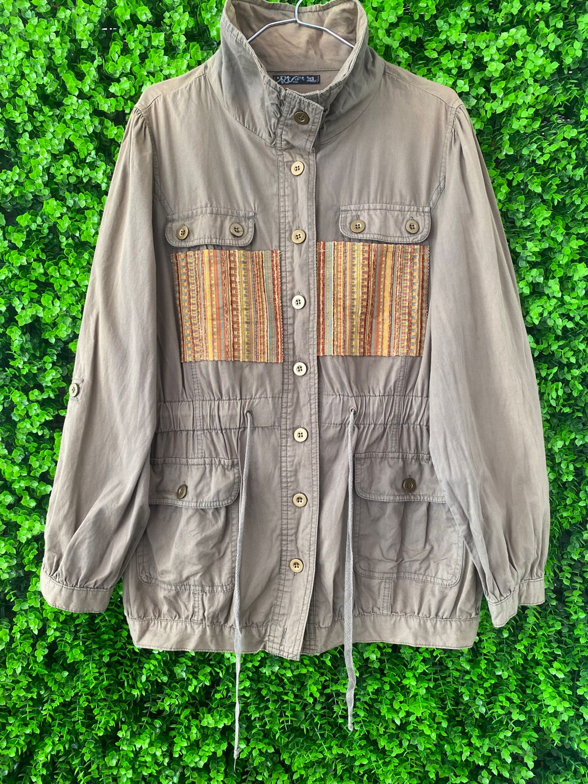 Khaki Utility Jacket with Woven Panel Detail