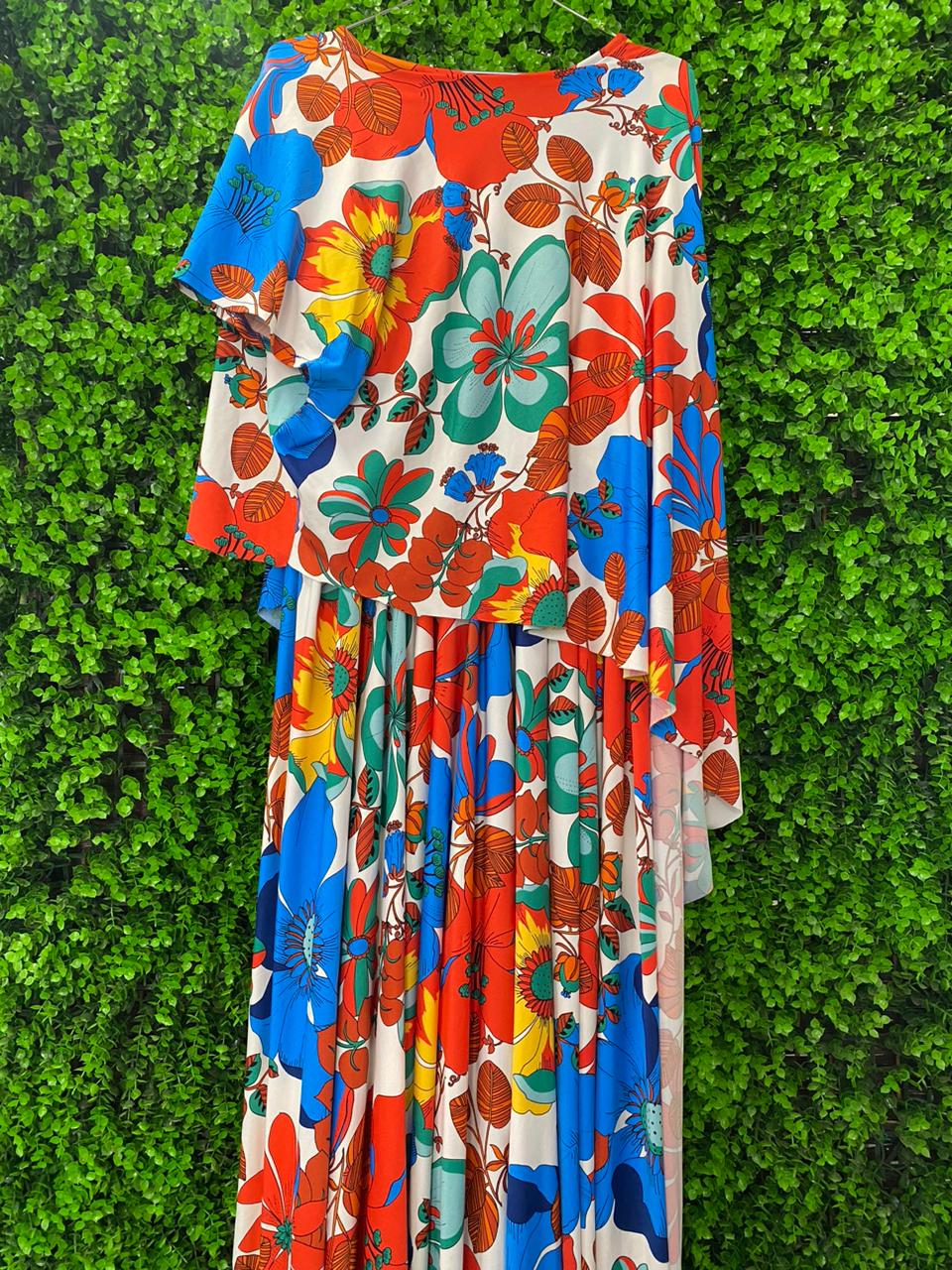 Bright Tropical Overlay Asymmetrical Maxi Dress