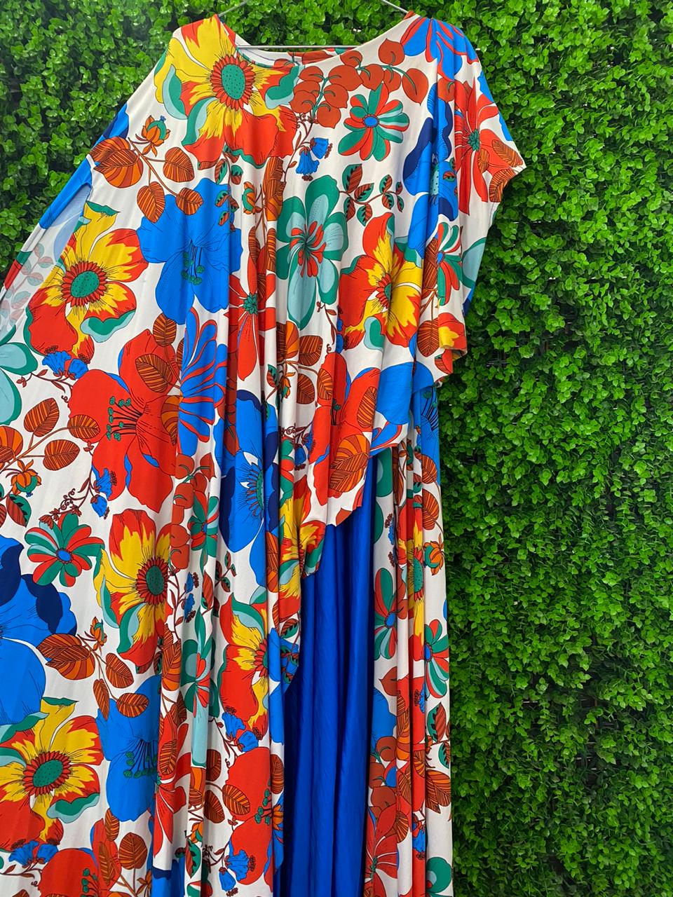 Bright Tropical Overlay Asymmetrical Maxi Dress