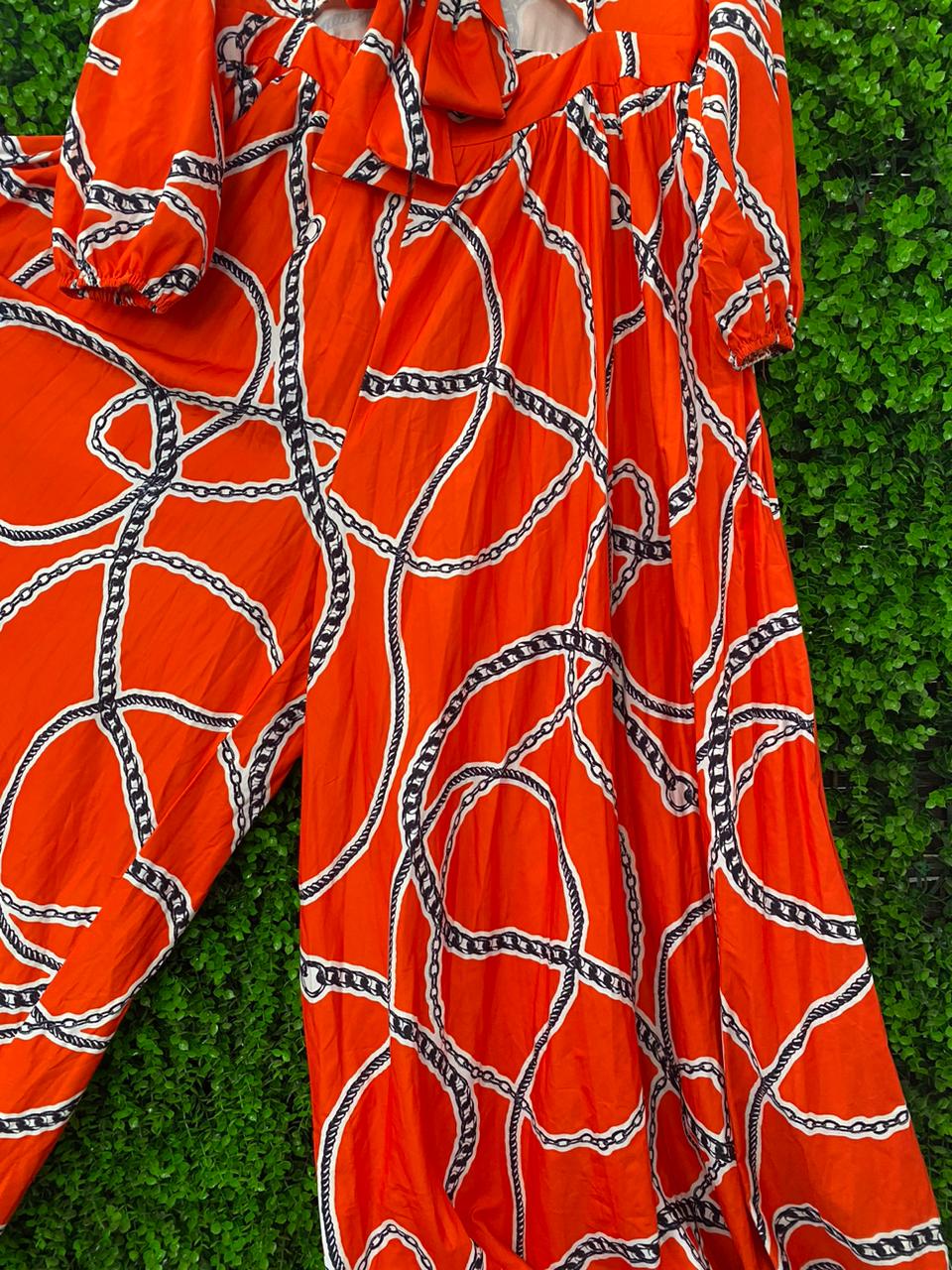 Orange Chain Print Tie-Front Jumpsuit