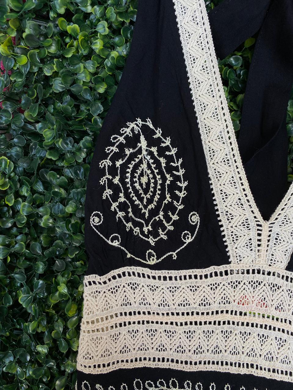 Black Boho Embroidered Halter Dress