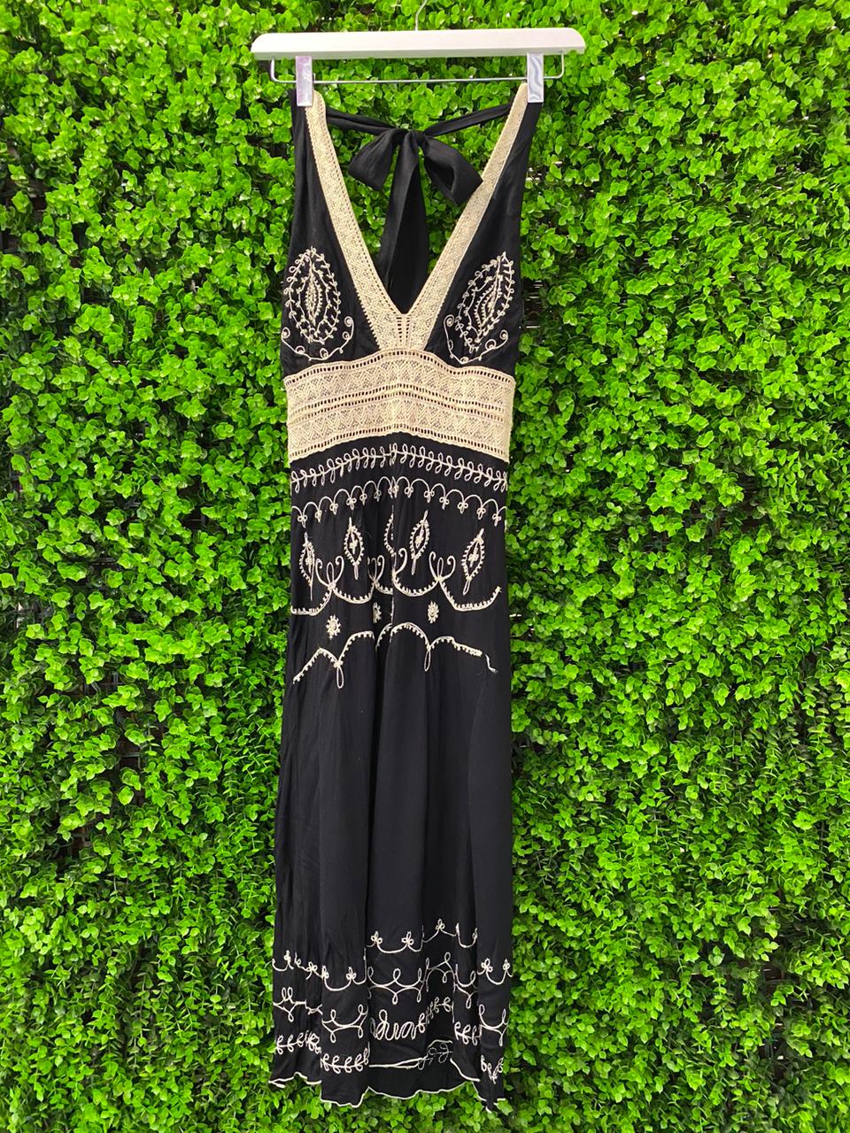 Black Boho Embroidered Halter Dress