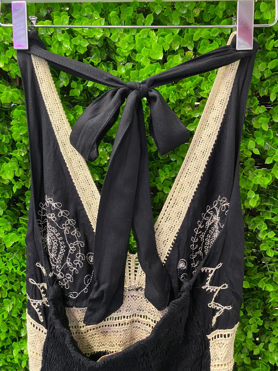 Black Boho Embroidered Halter Dress