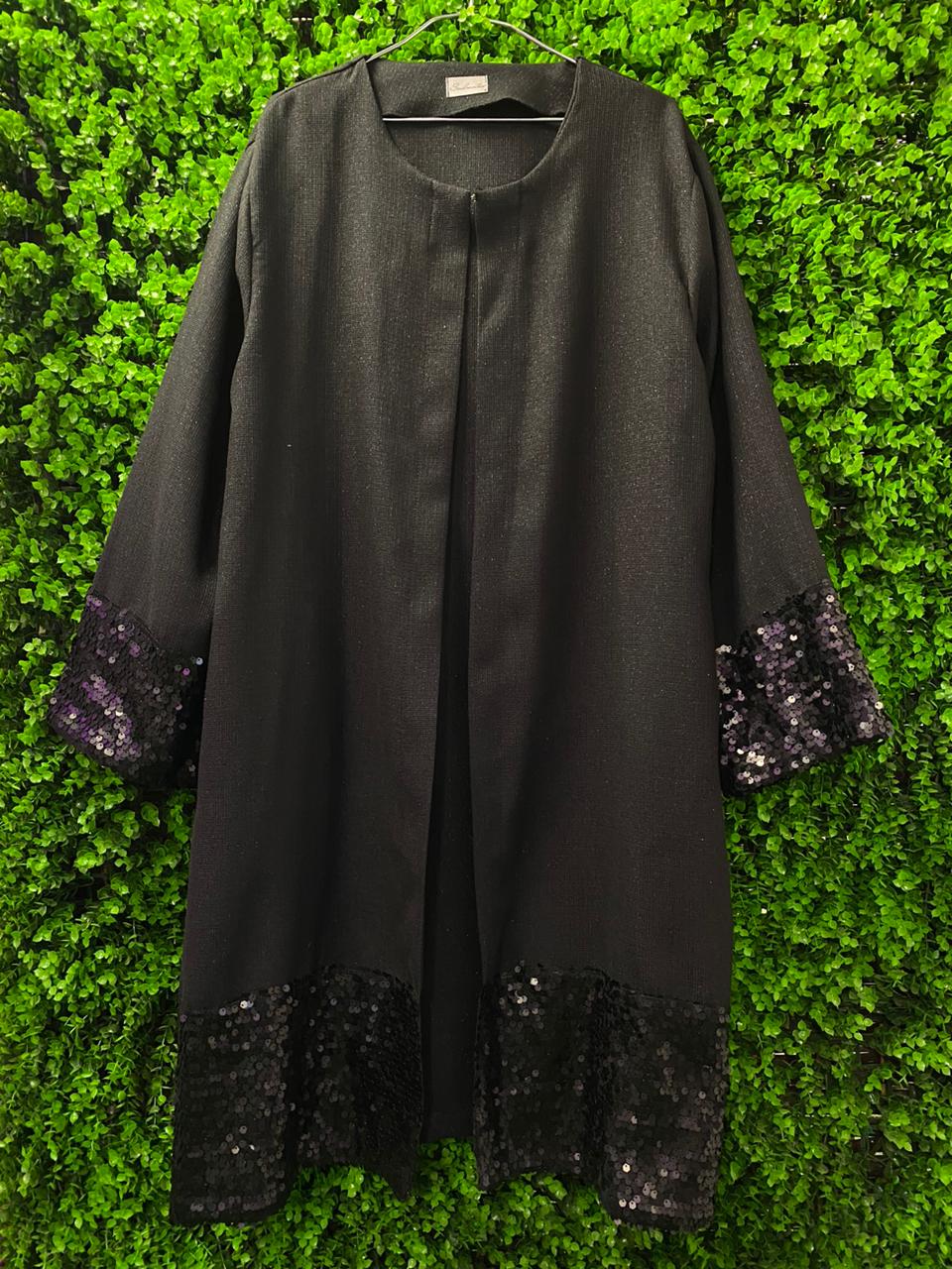 Black Sequin Trim Open Jacket with Pockets
