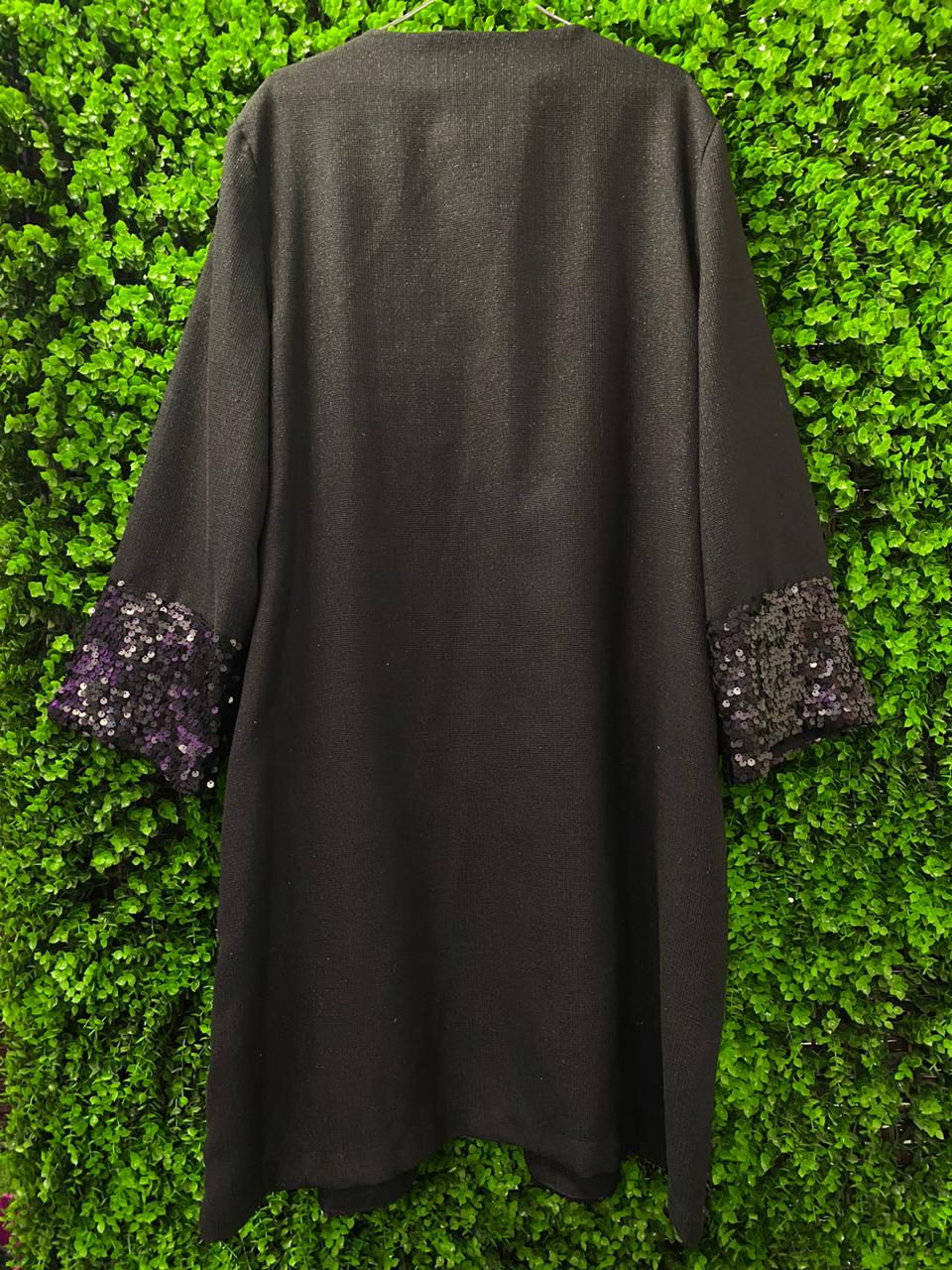 Black Sequin Trim Open Jacket with Pockets