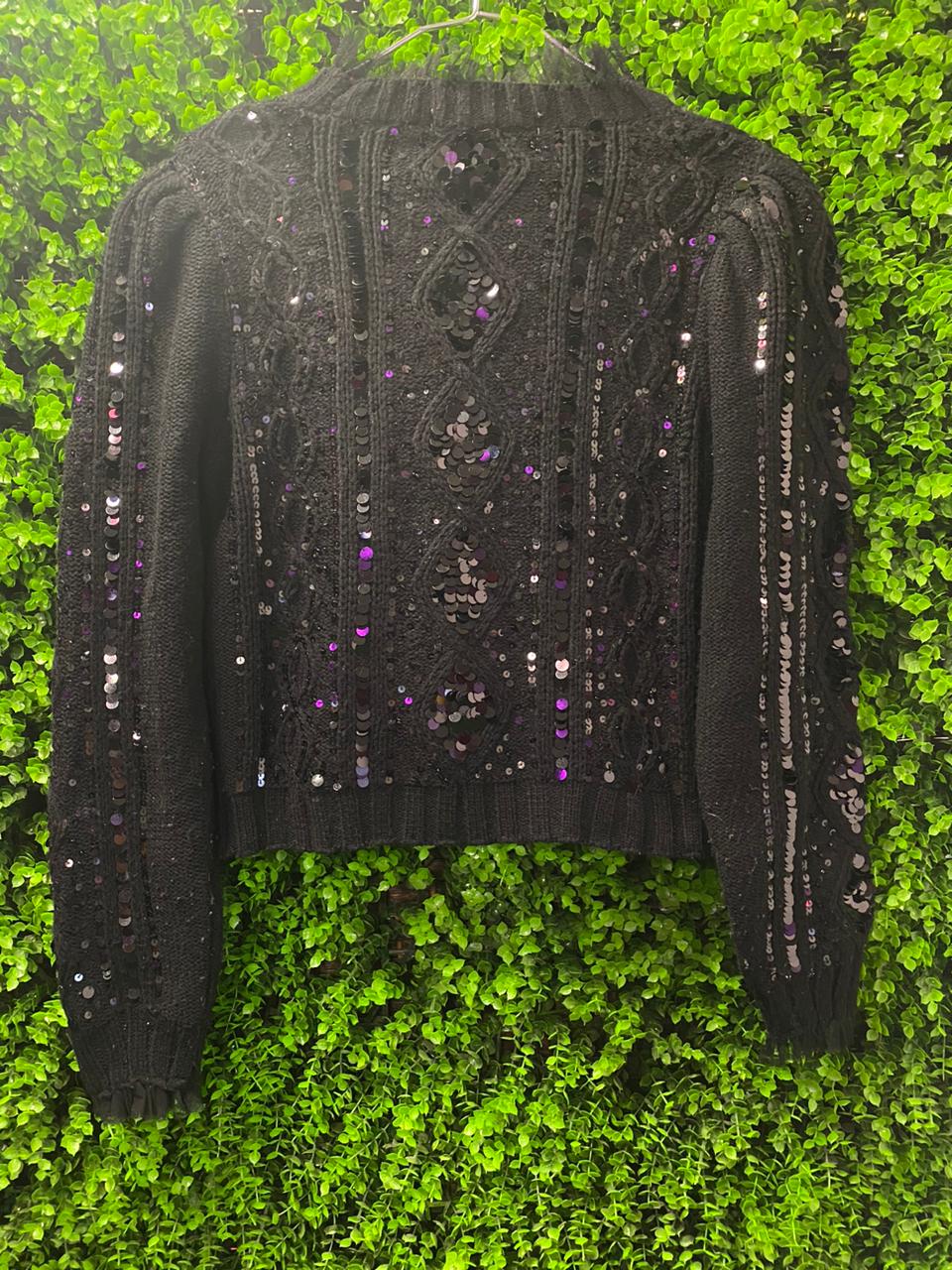 Black Sequin Embellished Cropped Knit Jersey