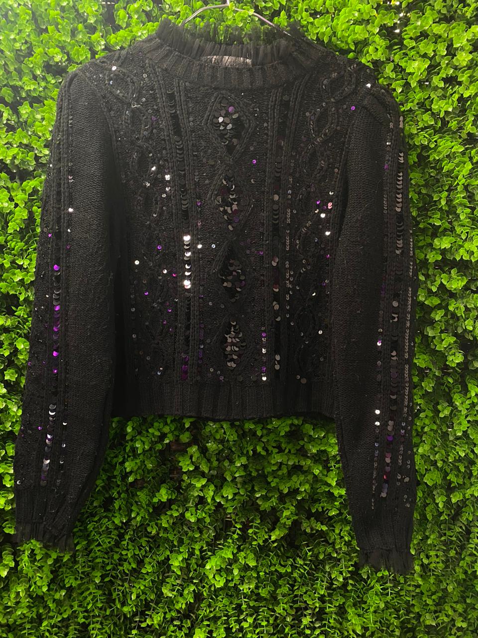 Black Sequin Embellished Cropped Knit Jersey