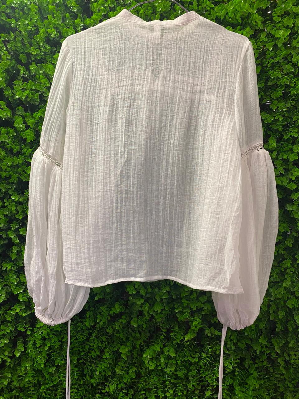 White Boho Linen Tie-Neck Blouse with Balloon Sleeves