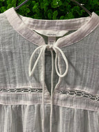 White Boho Linen Tie-Neck Blouse with Balloon Sleeves