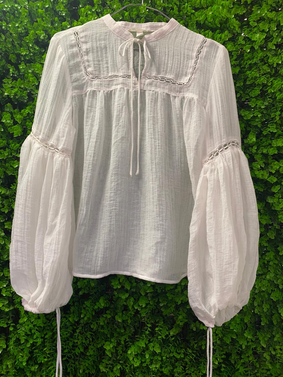 White Boho Linen Tie-Neck Blouse with Balloon Sleeves