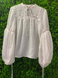 White Boho Linen Tie-Neck Blouse with Balloon Sleeves