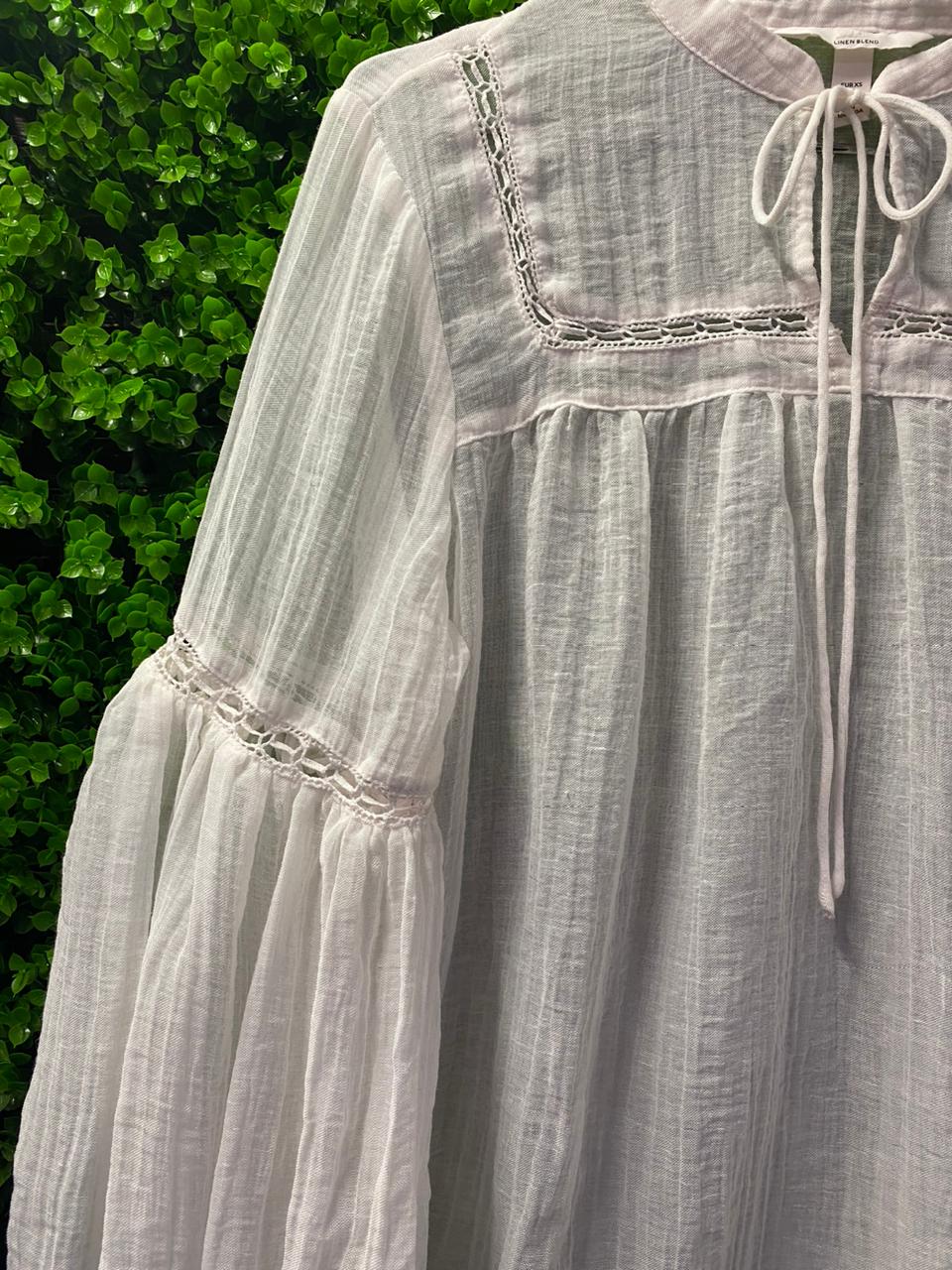 White Boho Linen Tie-Neck Blouse with Balloon Sleeves