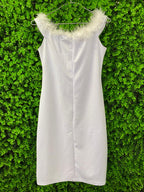 White Pearl Detail Feather-Trim Dress
