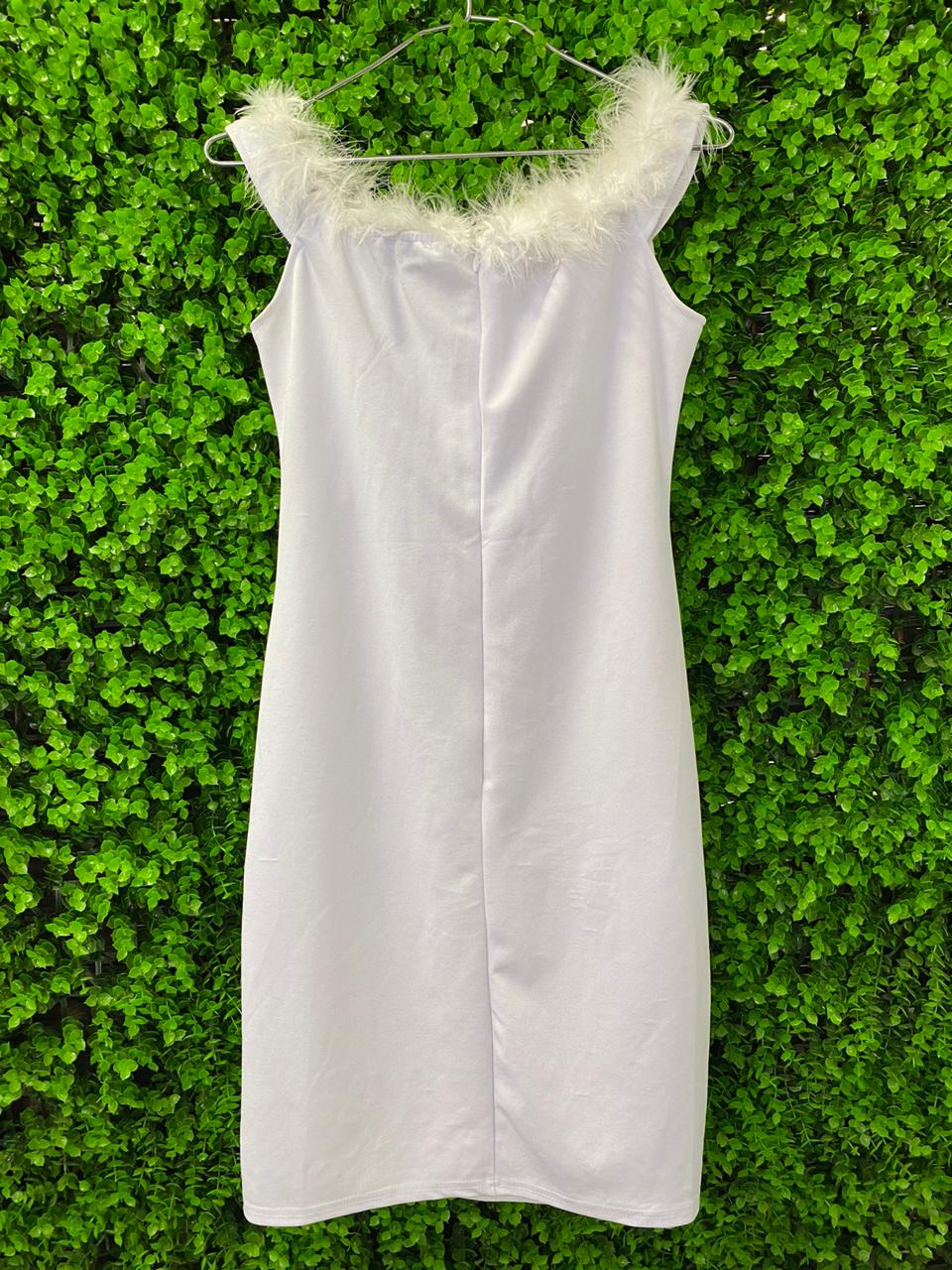 White Pearl Detail Feather-Trim Dress