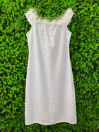 White Pearl Detail Feather-Trim Dress