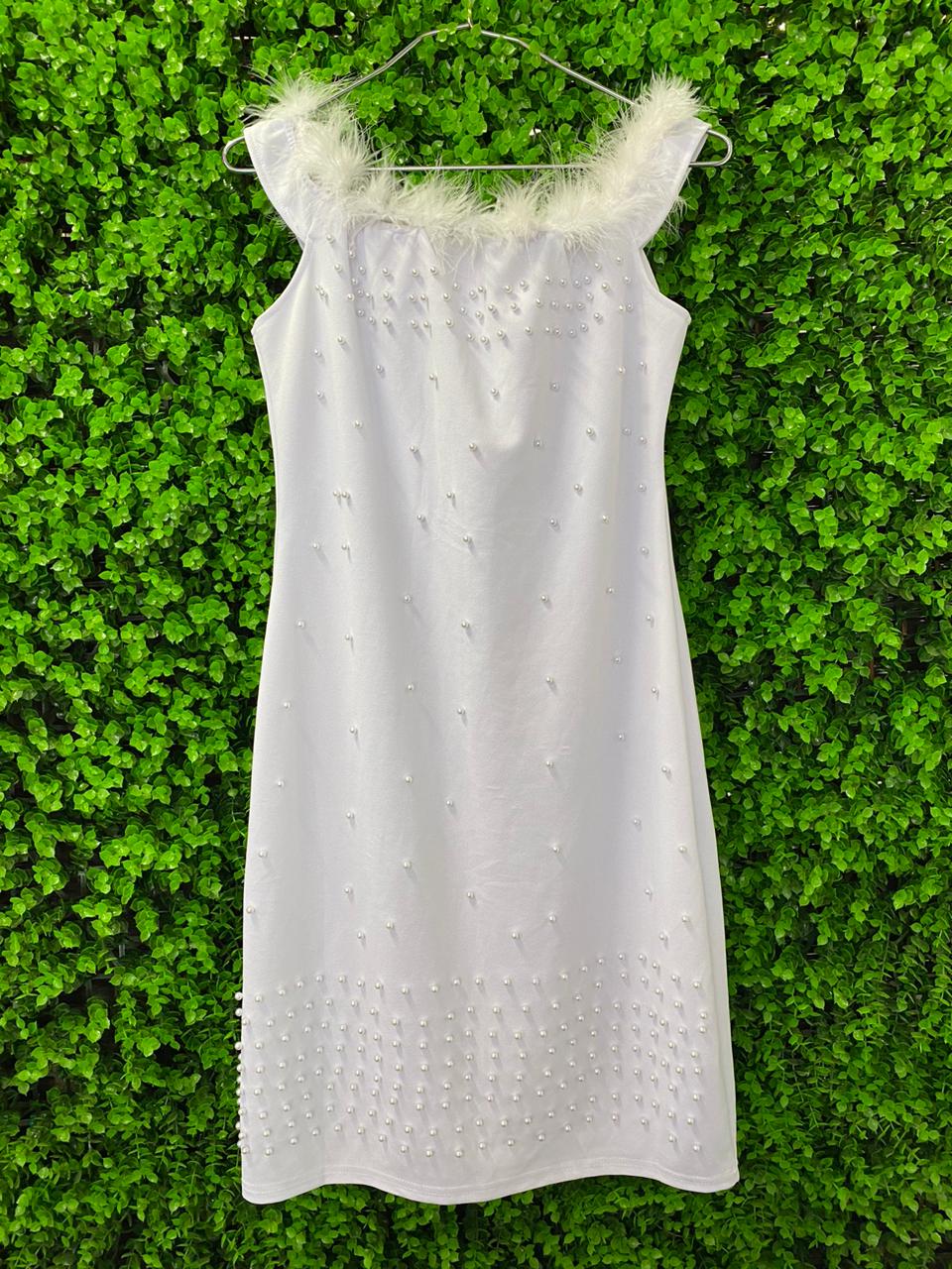 White Pearl Detail Feather-Trim Dress