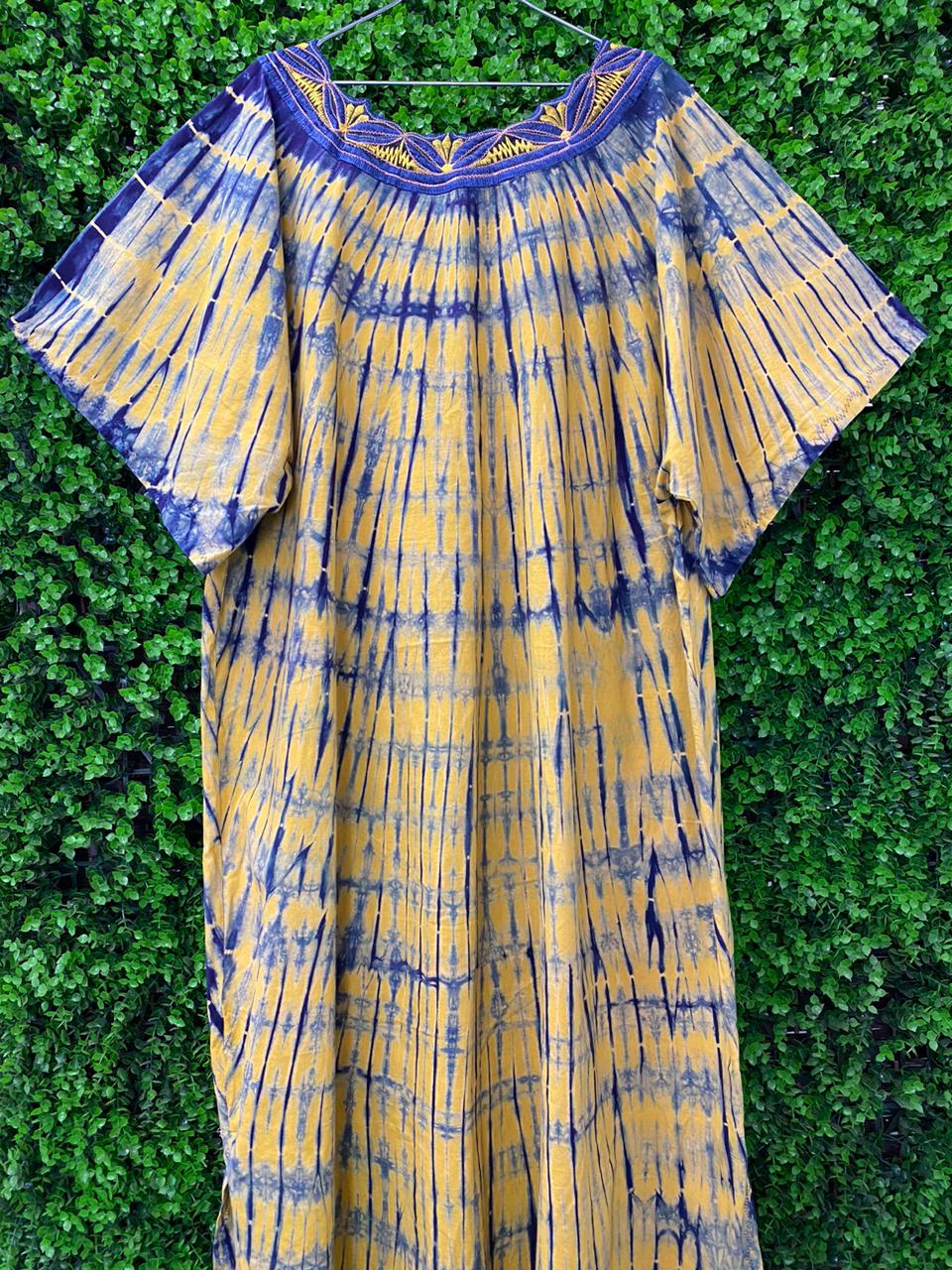 Blue & Mustard Tie-Dye Floor-Length Dress