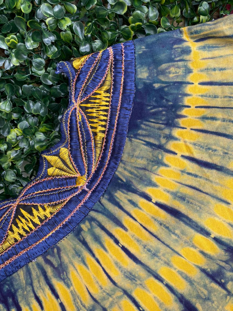 Blue & Mustard Tie-Dye Floor-Length Dress