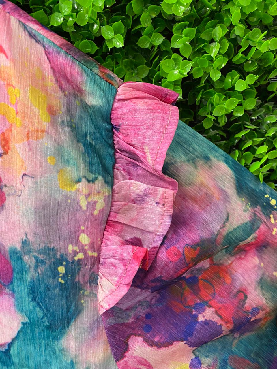 Colourful Watercolour Floral Ruffle Blouse