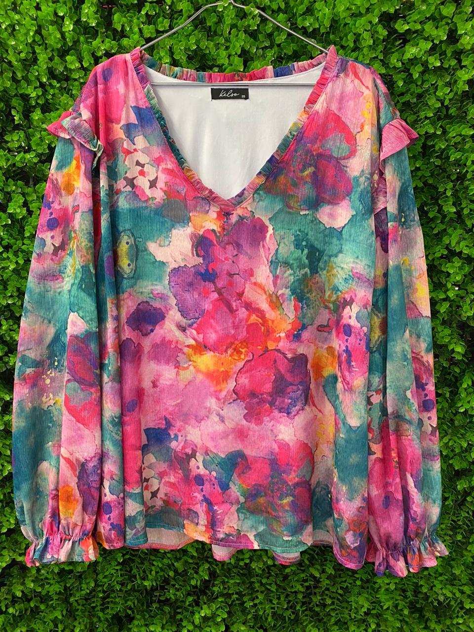 Colourful Watercolour Floral Ruffle Blouse