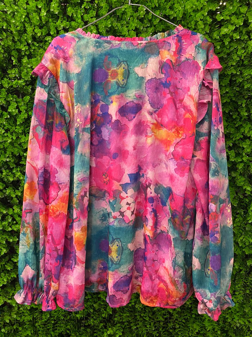 Colourful Watercolour Floral Ruffle Blouse