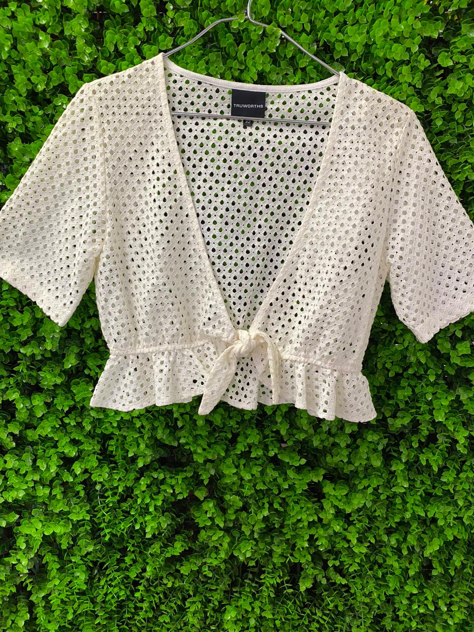 White Eyelet Tie-Front Crop Top