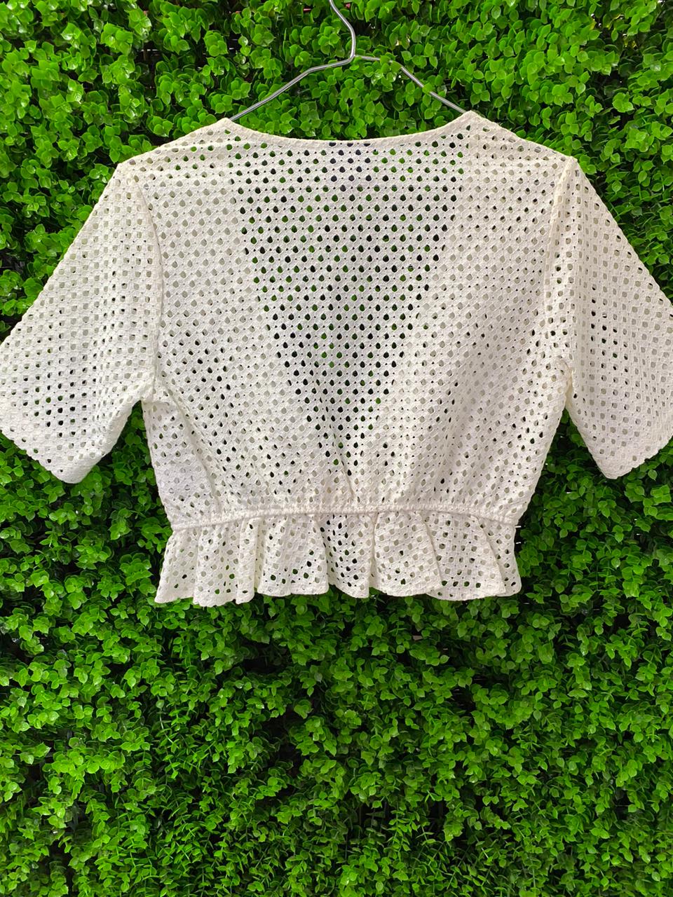 White Eyelet Tie-Front Crop Top
