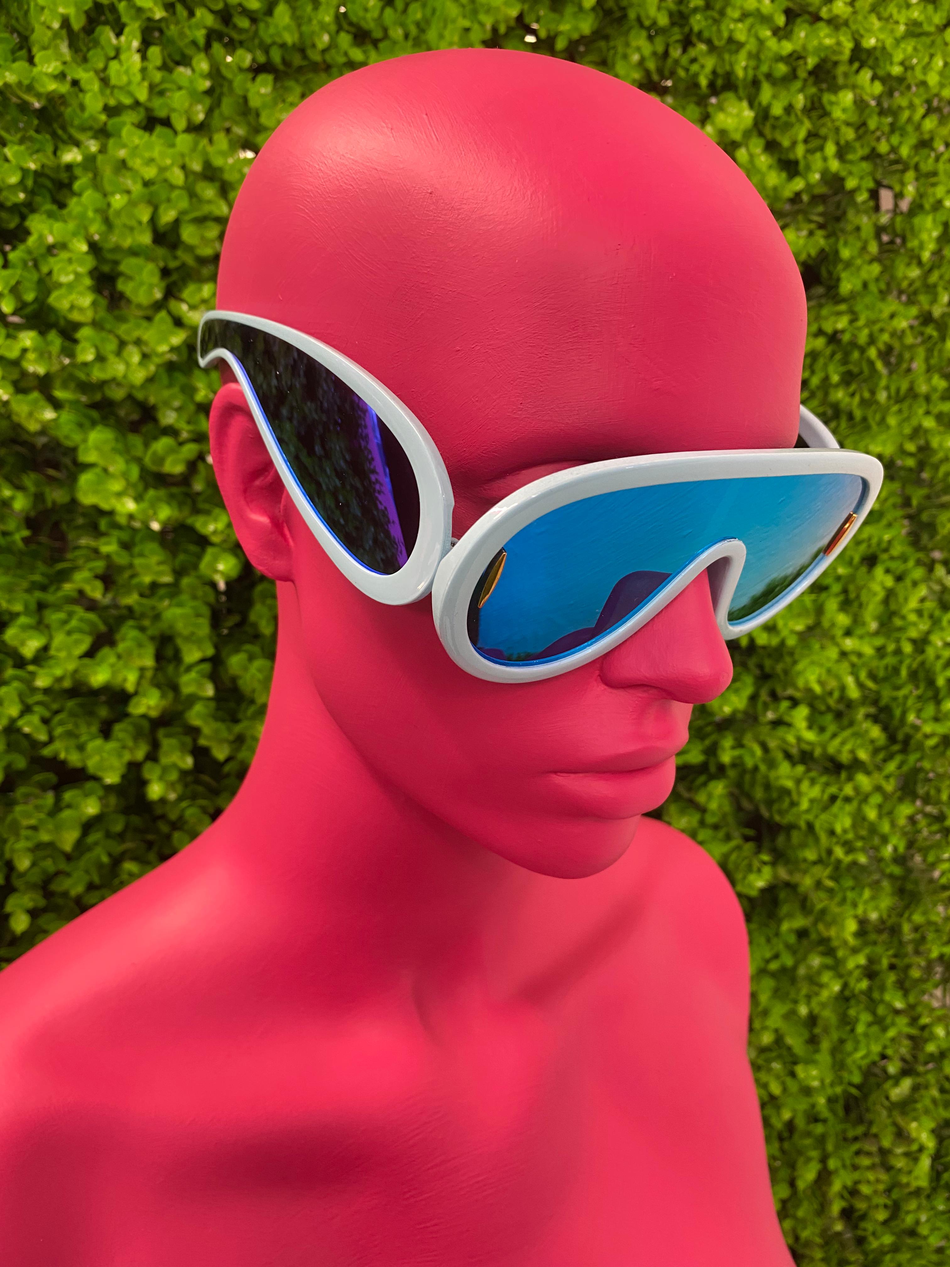 White Ski Shield Blue Mirror Sunglasses