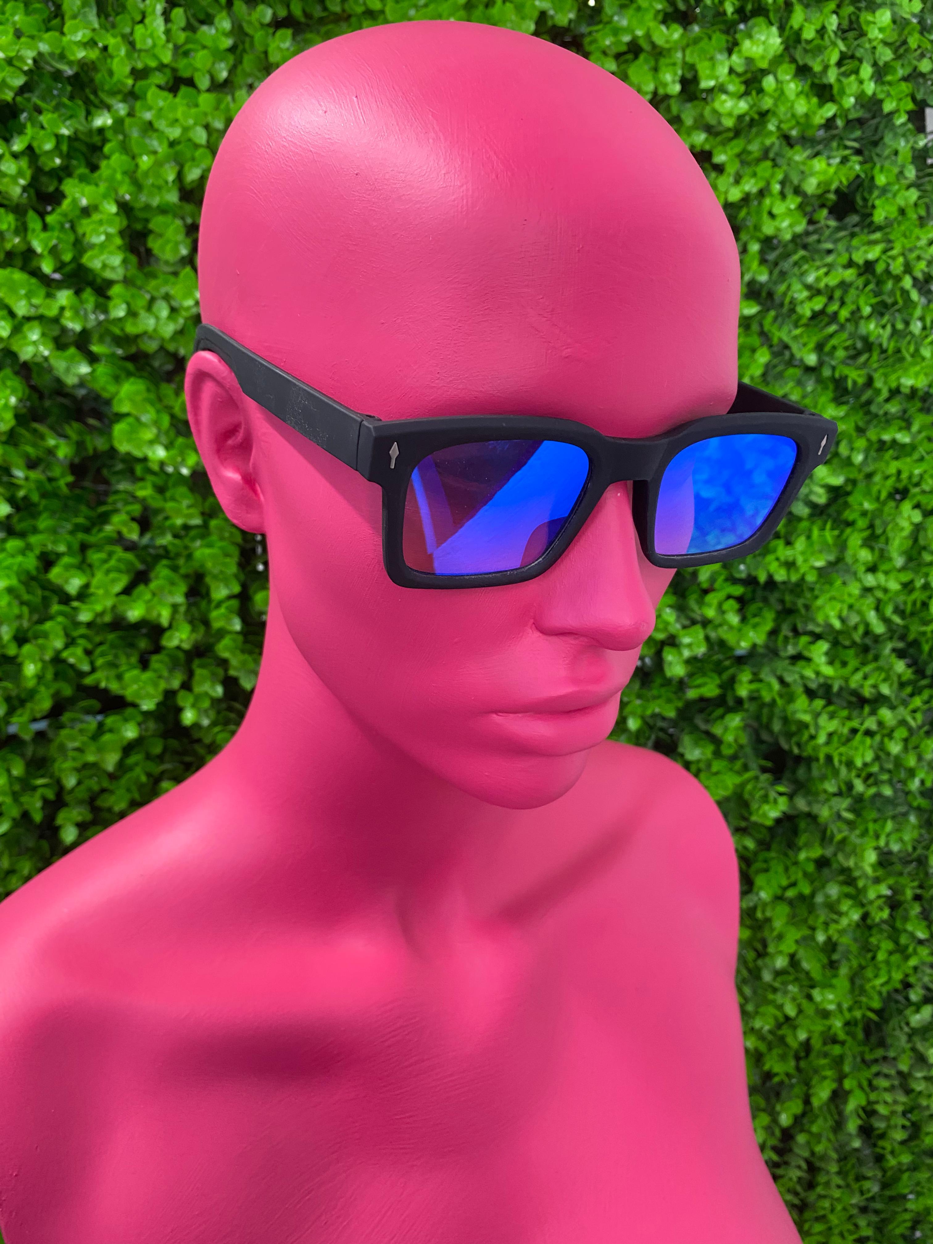 Black Blue-Lens Square Sunglasses