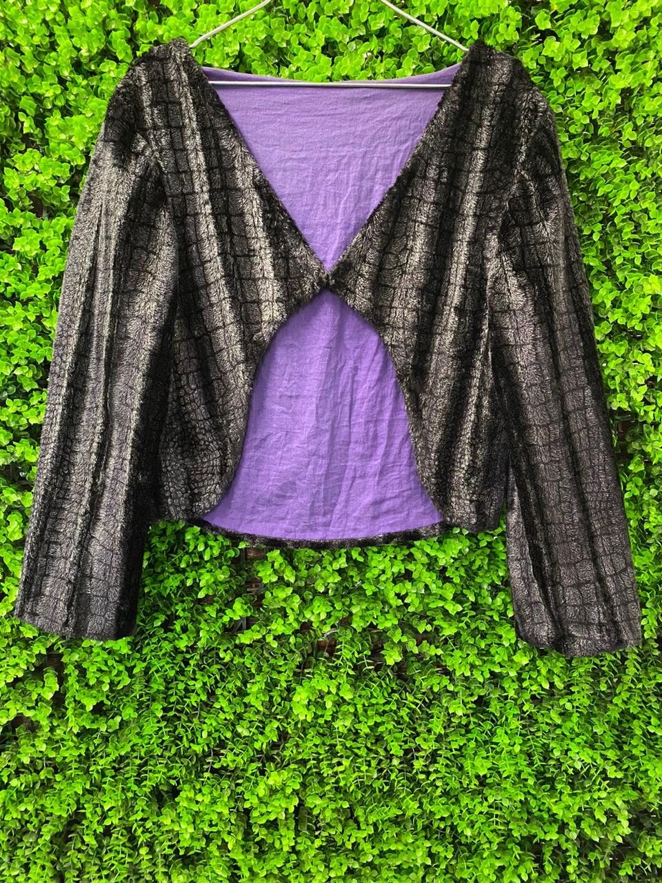 Black Textured Evening Shrug with Purple Lining